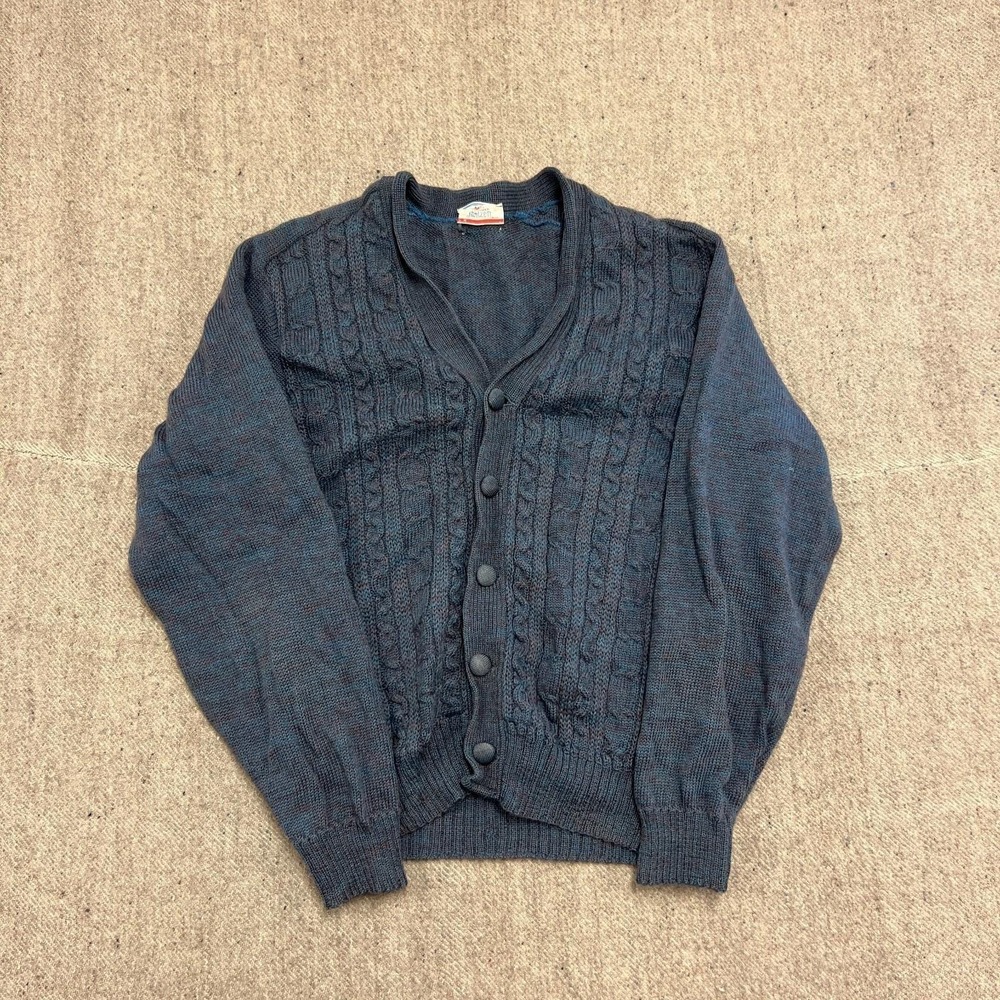 Vintage Jantzen Cardigan Mens Medium Blue 1960s Cable Knit Wool